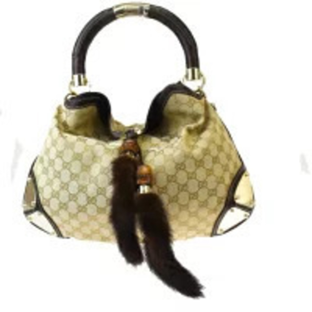 Gucci Bamboo Handbag GG Brown Canvas Leather Fur